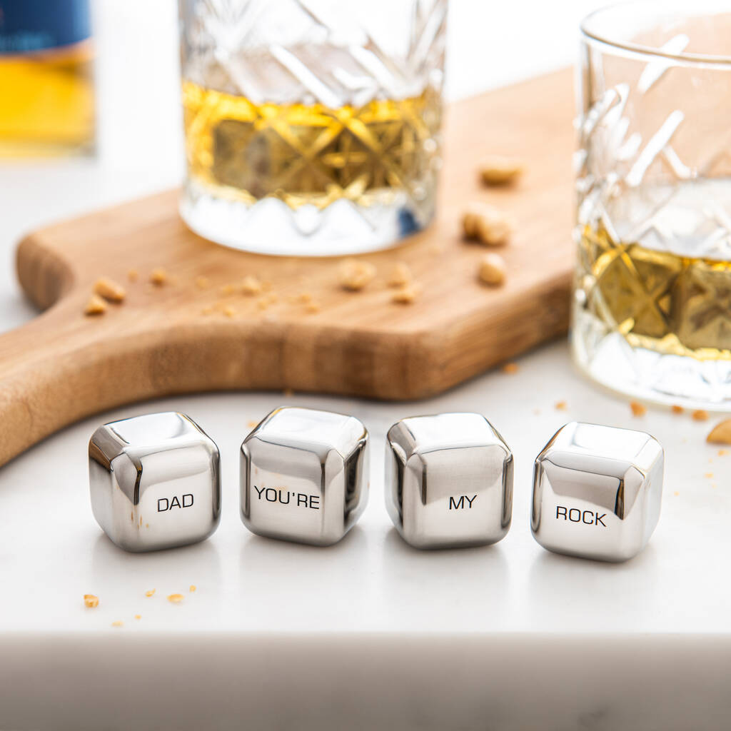  Alt image text: Set of four personalised stainless steel ice cubes. Add initials, names or dates to create a thoughtful birthday or anniversary gift or give a set to dad for Father’s Day.