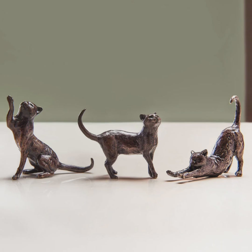 
                  
                    Load and play video in Gallery viewer, Gift set of three miniature bronze cat figurines stretching, sitting and standing. Ideal as a thoughtful birthday or bronze anniversary gift.
                  
                