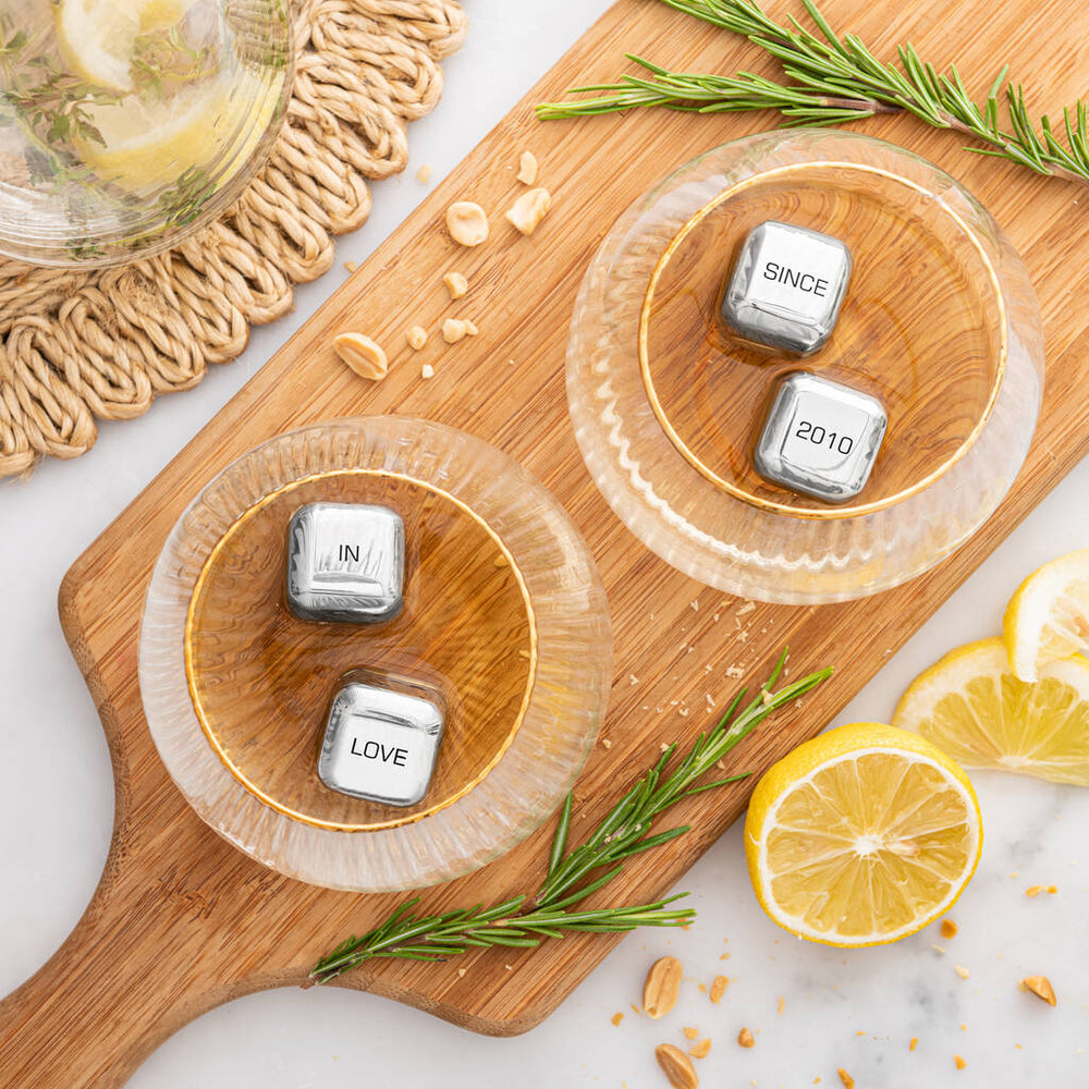 
                  
                    Set of four personalised stainless steel ice cubes. Add initials, names or dates to create a thoughtful gift for an 11th wedding anniversary.
                  
                