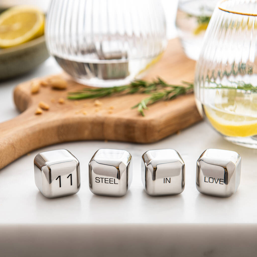 
                  
                    Set of four personalised stainless steel ice cubes. Add initials, names or dates to create a thoughtful gift for an 11th wedding anniversary.
                  
                