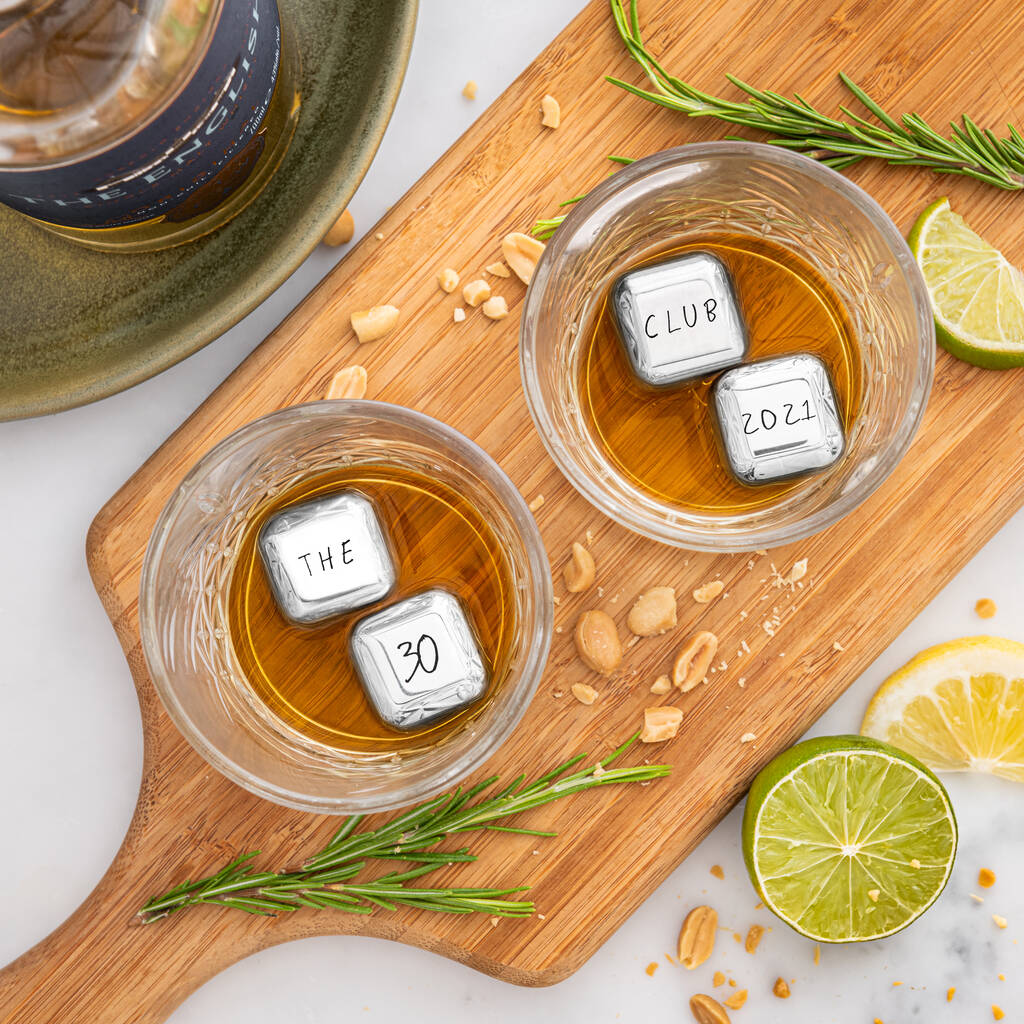 
                  
                    Set of four personalised stainless steel ice cubes. Add initials, names or a fun message as a unique milestone birthday gift.
                  
                