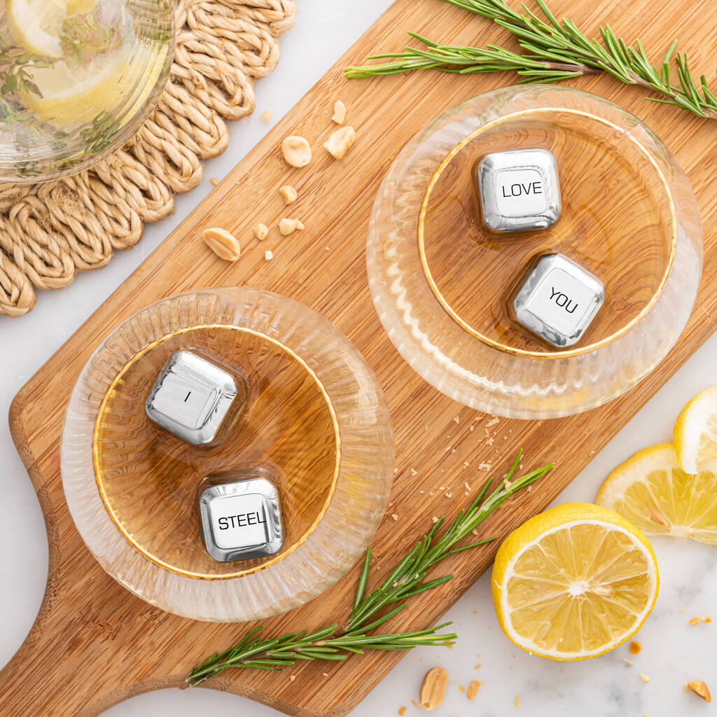 
                  
                    Set of four personalised stainless steel ice cubes. Add initials, names or dates to create a thoughtful gift for an 11th wedding anniversary.
                  
                