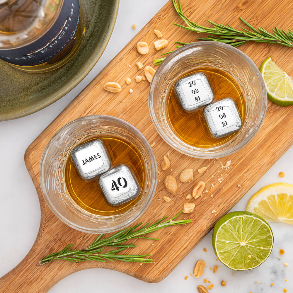 
                  
                    Set of four personalised stainless steel ice cubes. Add initials, names or a fun message as a unique milestone birthday gift.
                  
                