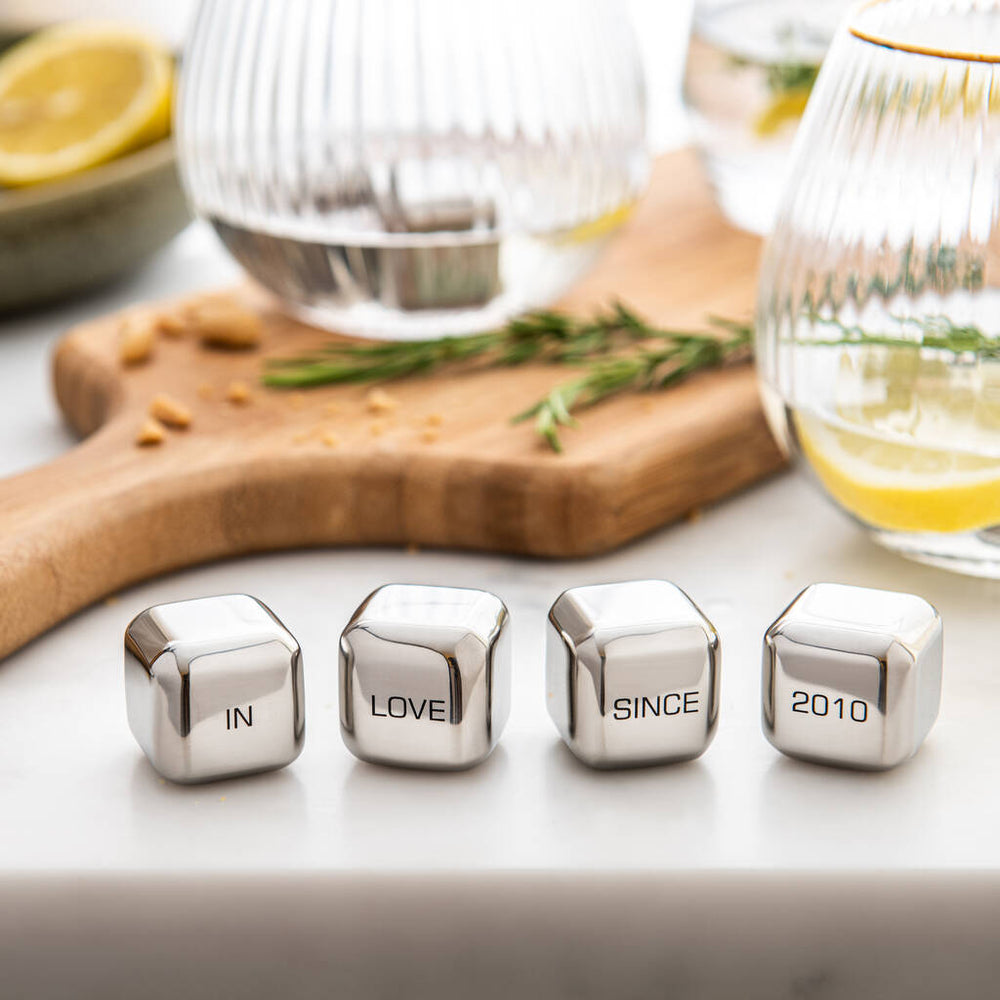 
                  
                    Set of four personalised stainless steel ice cubes. Add initials, names or dates to create a thoughtful gift for an 11th wedding anniversary.
                  
                