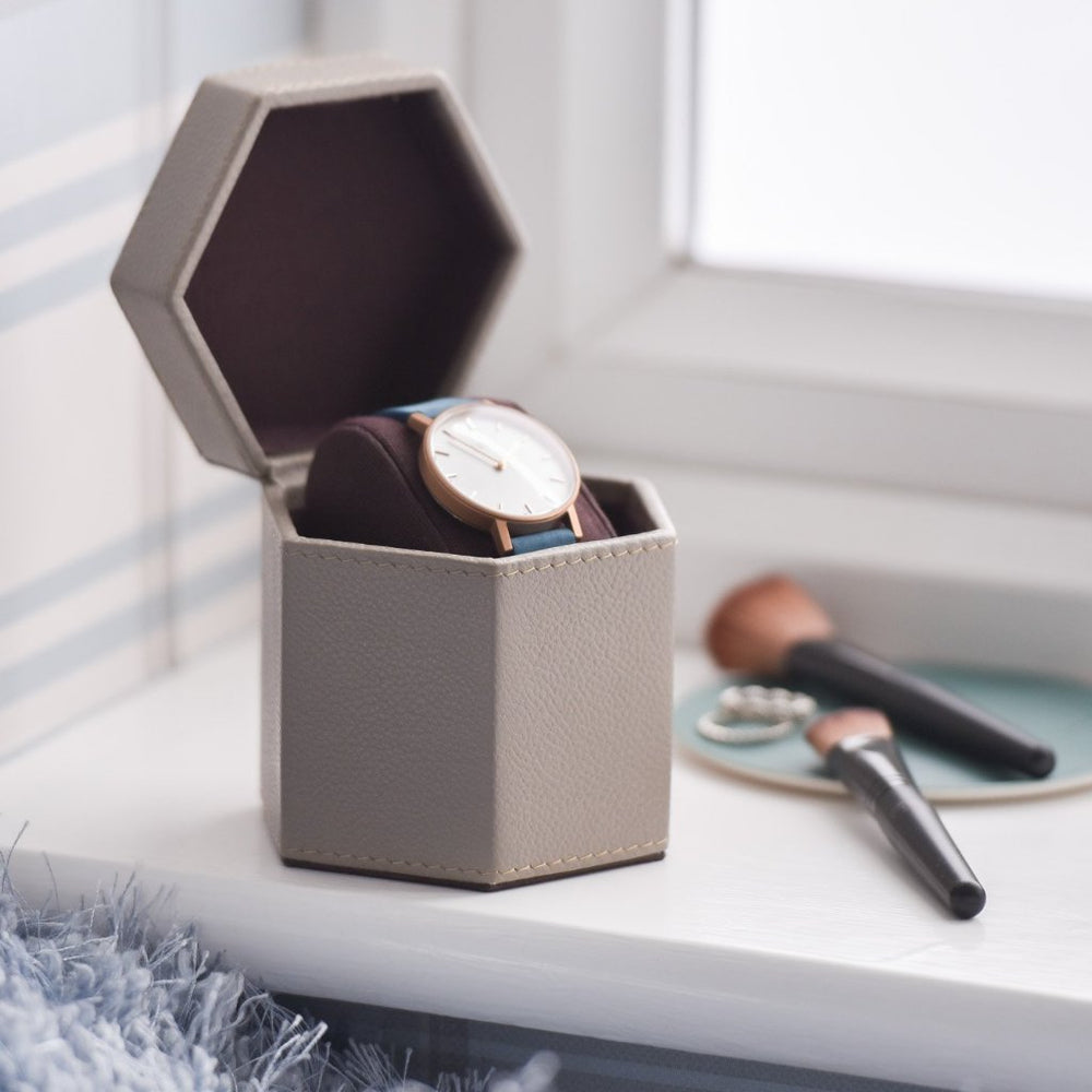 Ladies Hexagonal Leather Watch Box - Stone