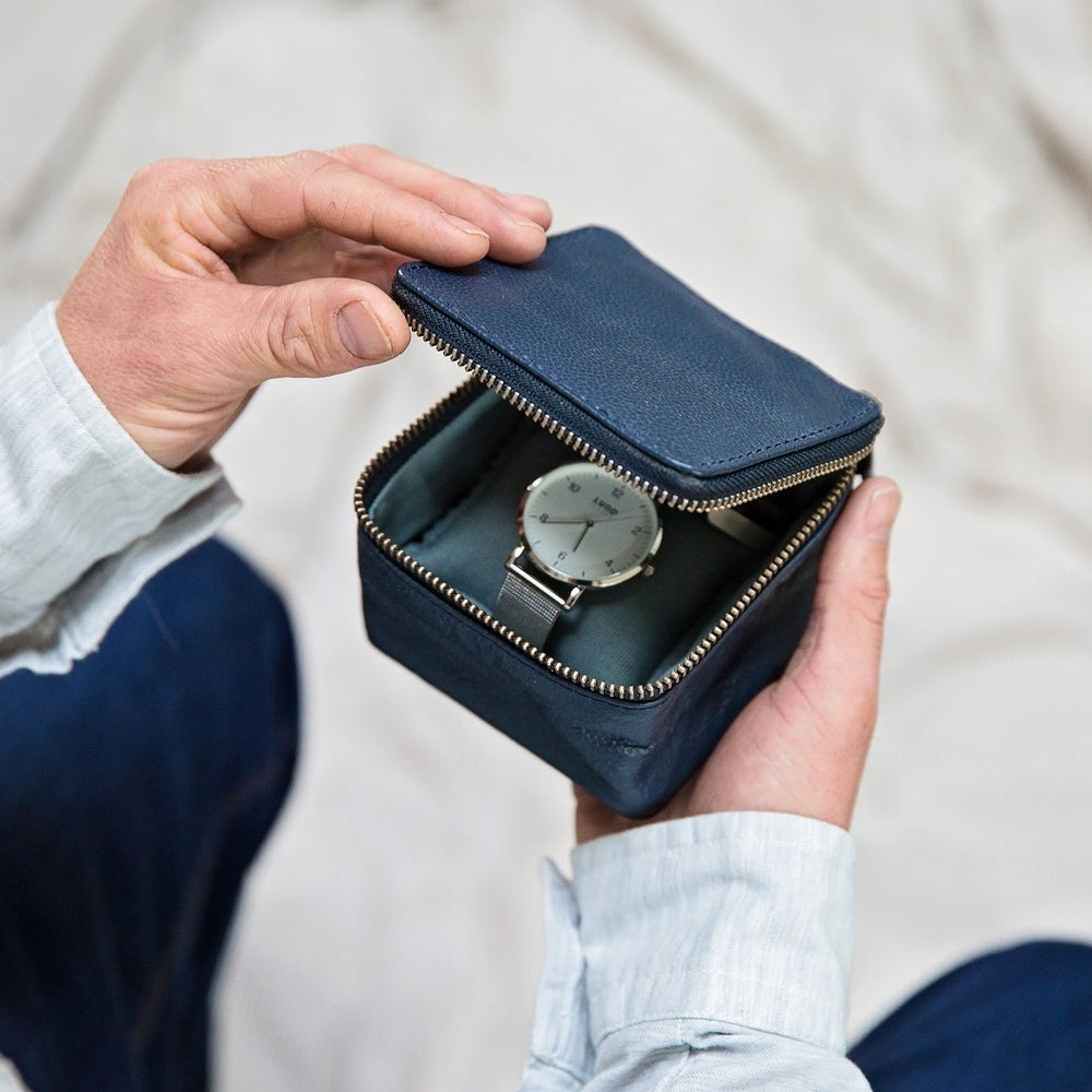 Leather Jewellery and Watch Box - Ink Blue